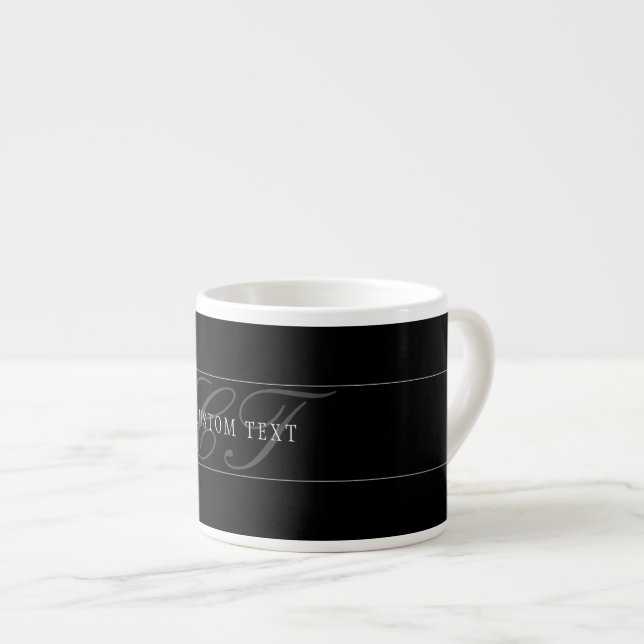 Elegant Script Monogram Editable Black Grey White Espresso Cup (Front Right)