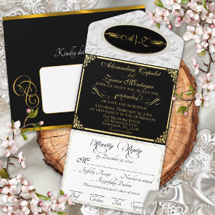 Elegant Script, Monogram & Frame- Black/Gold All In One Invitation