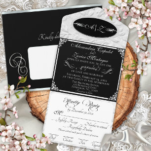 Elegant Script, Monogram & Frame- Black/Silver All In One Invitation