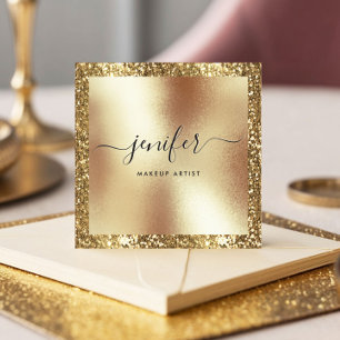 Elegant Script Monogram Gold Glitter Frame, Modern Square Business Card
