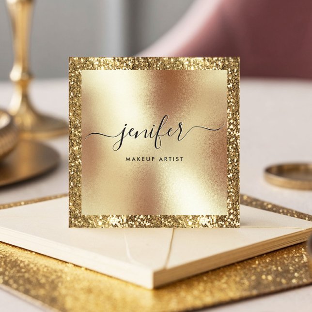 Elegant Script Monogram Gold Glitter Frame, Modern Square Business Card (Creator Uploaded)