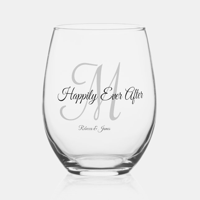 Elegant Script Monogram Happily Ever After Wedding Stemless Wine Glass (Front)