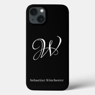 Elegant script monogram initial name plain black iPhone 13 case