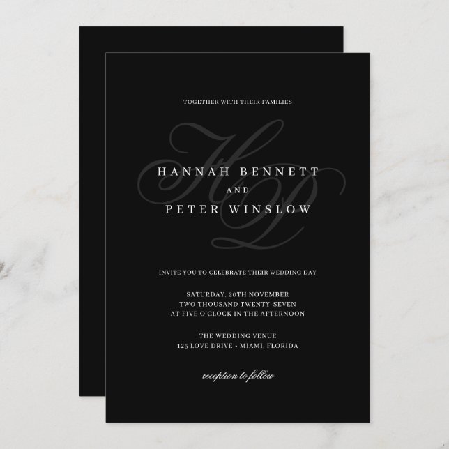 Elegant Script Monogram Initials Black Wedding Invitation (Front/Back)