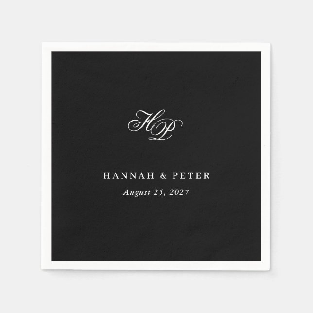 Elegant Script Monogram Initials Black Wedding Napkin (Front)