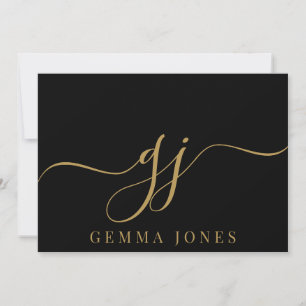 Elegant Script Monogram Initials Name Black Gold Card