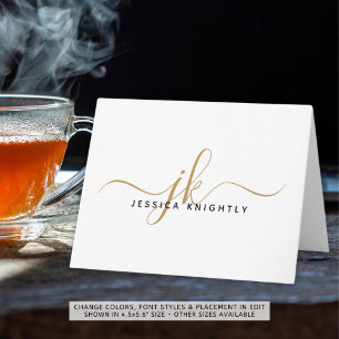 Elegant Script Monogram Initials Name Gold Black Note Card