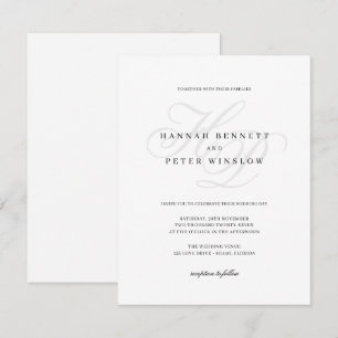 Elegant Script Monogram Initials White Wedding Invitation