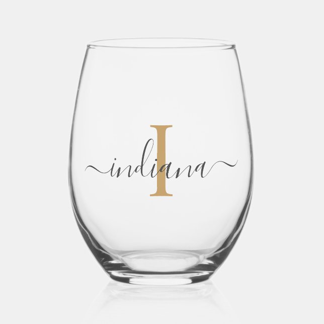 Elegant Script Monogram Minimalist Stemless Wine Glass (Front)