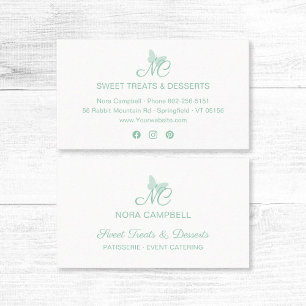 Elegant Script Monogram Mint Green Butterfly Business Card