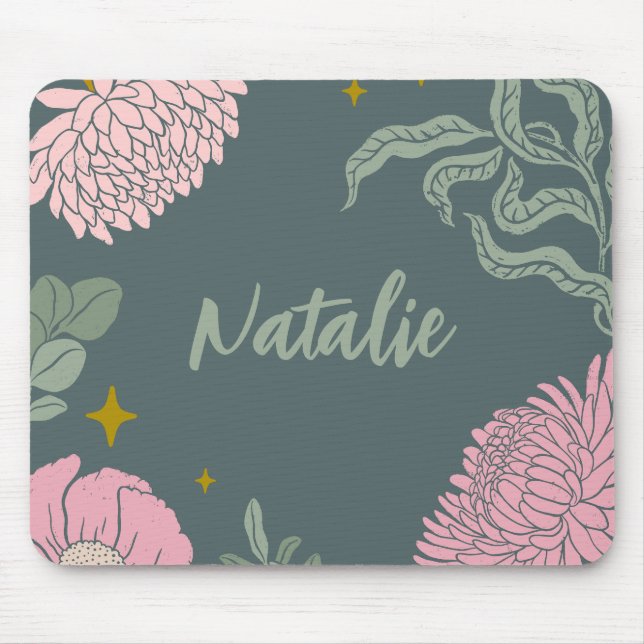 Elegant script monogram olive green pink floral  mouse mat (Front)