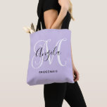 Elegant Script Monogram Pale Lavender Bridesmaid Tote Bag<br><div class="desc">Girly personalised monogram with a fancy calligraphy script pairing in pale lavender, black and white. Create your own thank you gift for a bridesmaid. Customise the background and font colours to match your wedding palette. The fancy flourish that is part of the monogram may need to be re-centred for your...</div>