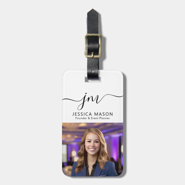 Elegant Script Monogram Personalised Photo Contact Luggage Tag (Front Vertical)