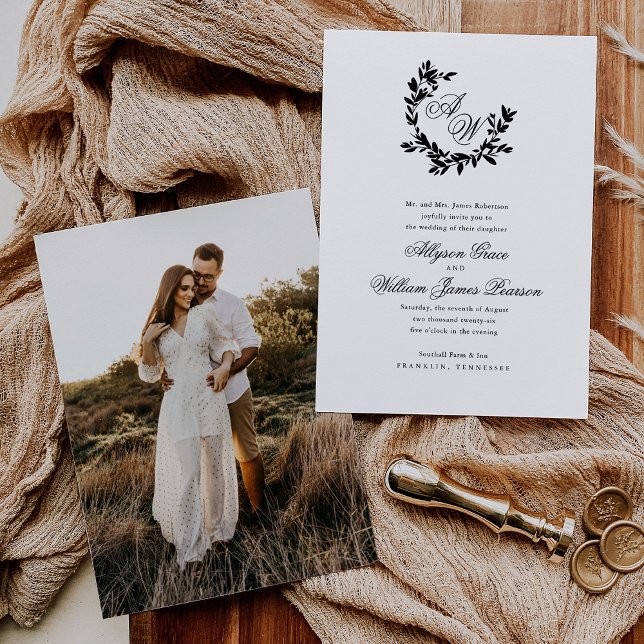 Elegant Script Monogram Photo Botanical Wedding Invitation (Creator Uploaded)