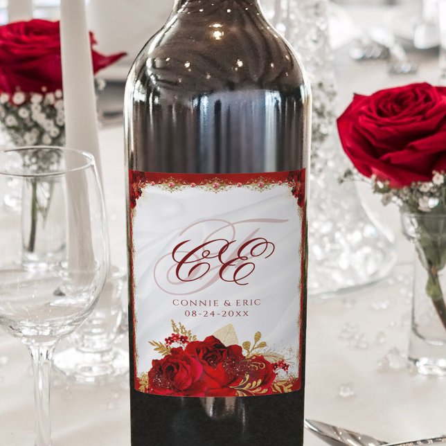 Elegant Script Monogram Red Floral Wedding Wine Label (Creator Uploaded)