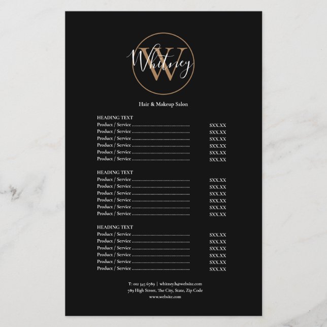 Elegant Script Monogram Salon Service Menu (Front)