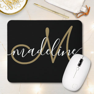 Elegant Script Monogrammed Black Gold Mouse Mat