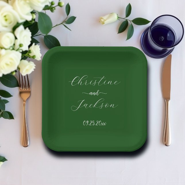 Elegant Script Moss Green Wedding Paper Plate (Creator Uploaded)