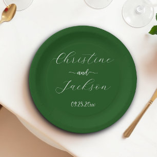 Elegant Script Moss Green Wedding Paper Plate