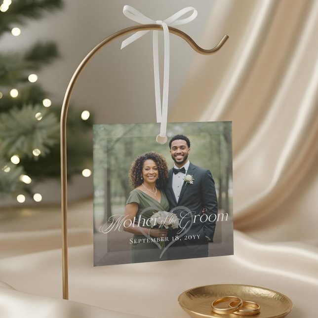 Elegant Script Mother of the Groom Photo Keepsake Glass Tree Decoration (Elegant Script Mother of the Groom Photo Keepsake Glass Ornament)