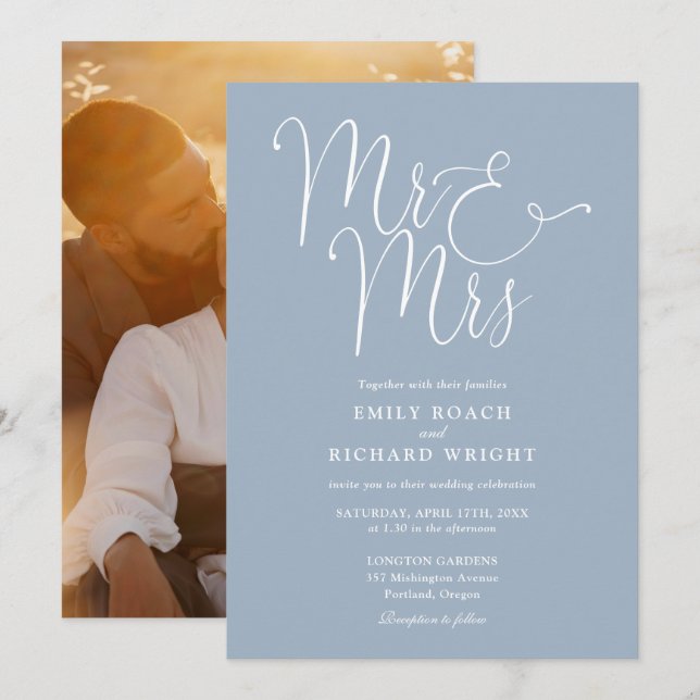 Elegant Script Mr And Mrs Photo Dusty Blue Wedding Invitation (Front/Back)