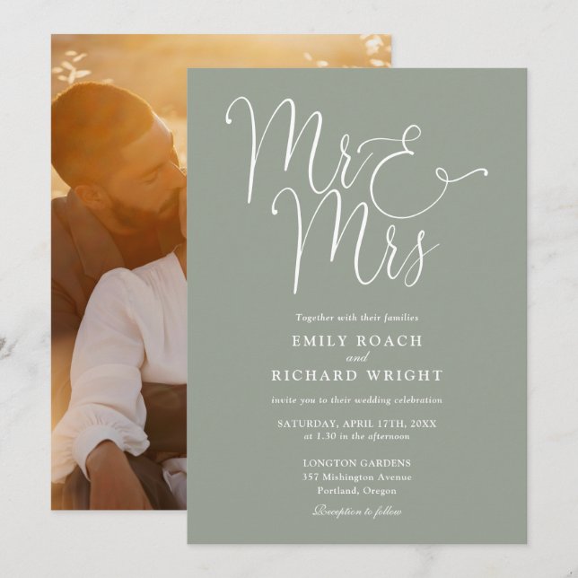 Elegant Script Mr And Mrs Photo Sage Green Wedding Invitation (Front/Back)