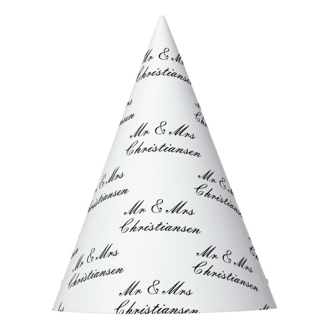 Elegant script Mr and Mrs wedding party cone hats (Front)