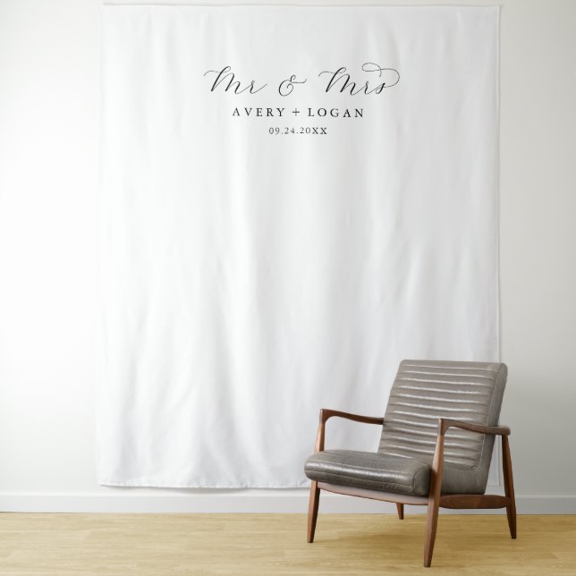 Elegant Script Mr and Mrs Wedding Photo Backdrop Tapestry (In Situ)