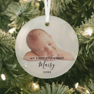 Elegant Script My First Christmas Baby Photo Glass Tree Decoration