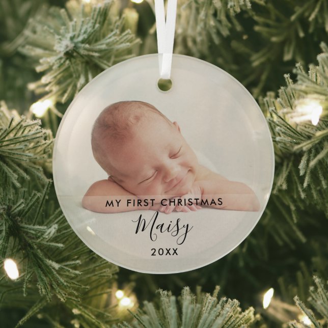 Elegant Script My First Christmas Baby Photo Glass Tree Decoration (Insitu)