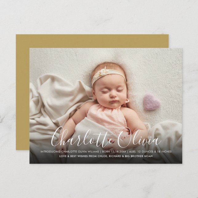 Elegant Script Name Baby Photo Birth Announcement Postcard (Front/Back)
