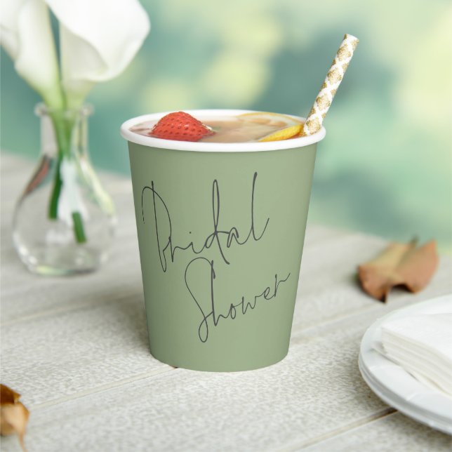 Elegant Script Name Date Bridal Shower Sage Green Paper Cups (Insitu)