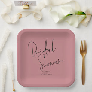 Elegant Script Name Dusty Rose Pink Bridal Shower Paper Plate
