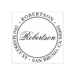 Elegant Script Name Formal Round Return Address Rubber Stamp