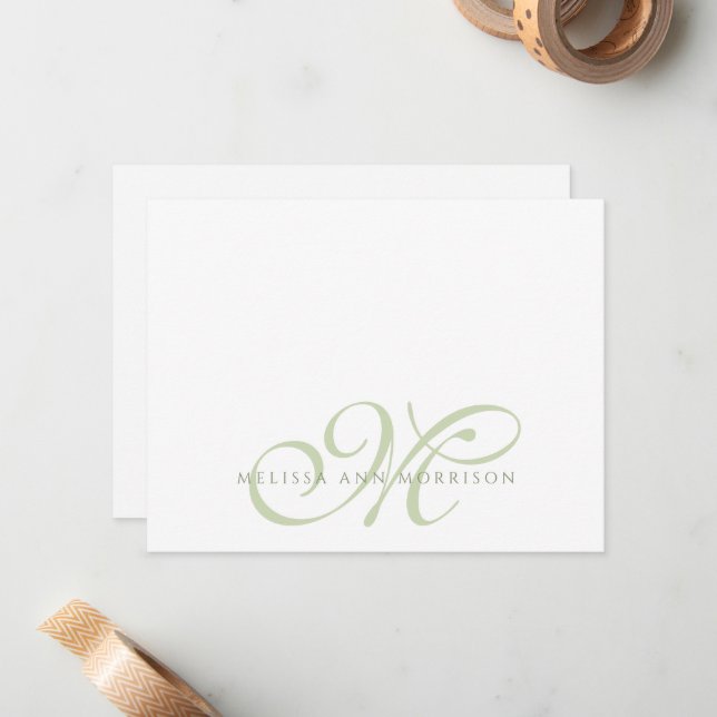 Elegant Script Name Green Monogram Flat Note Card (Front/Back In Situ)