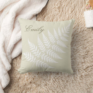 Elegant Script Name Light Green White Fern Cushion