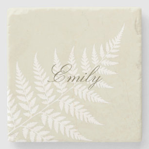 Elegant Script Name Light Green White Fern Stone Coaster