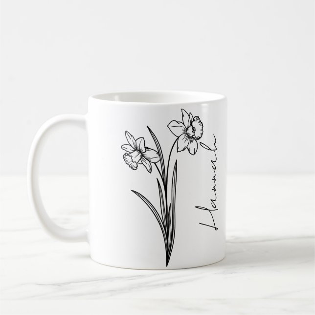 Elegant Script Name March Birth Flower Daffodil Coffee Mug (Left)