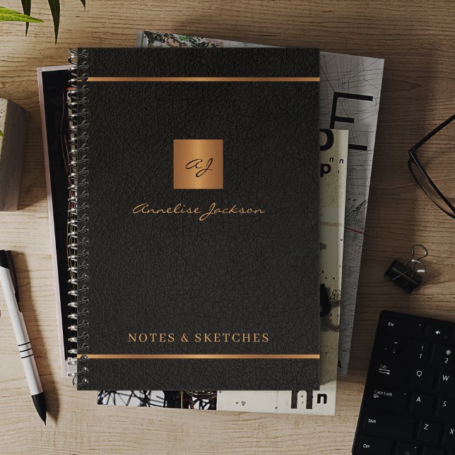 Elegant script name monogram personalised black notebook (Creator Uploaded)