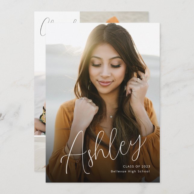 Elegant Script Name Overlay Graduation Announcement (Front/Back)