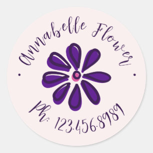Elegant Script - Name Phone - Flower Classic Round Sticker