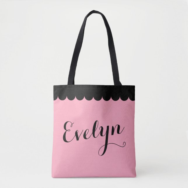 Elegant Script Name Scalloped Pink Calligraphy Tote Bag (Front)