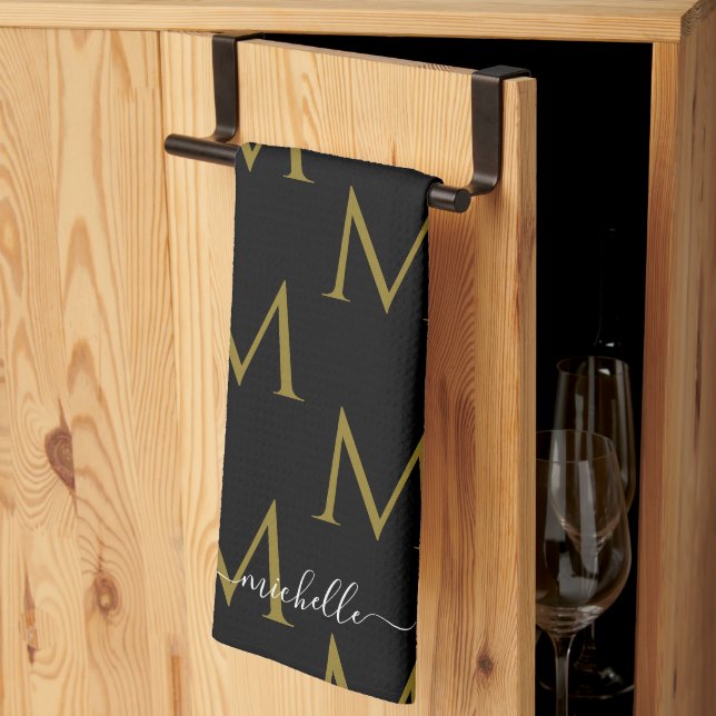 Elegant Script Name Template Monogram Black & Gold Tea Towel (Thirds Fold)