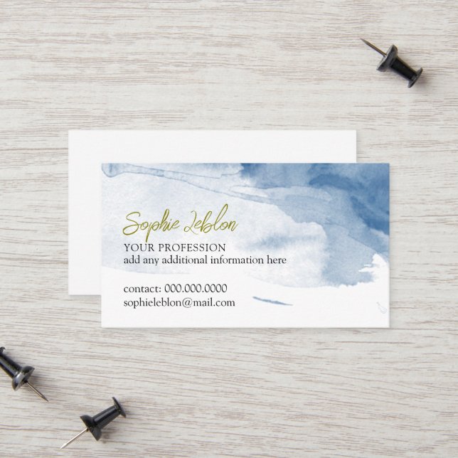 Elegant Script Name Watercolor Blue White Calling Card (Front/Back In Situ)