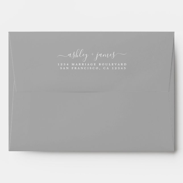 Elegant Script Names Grey Wedding Return Address Envelope (Back (Top Flap))