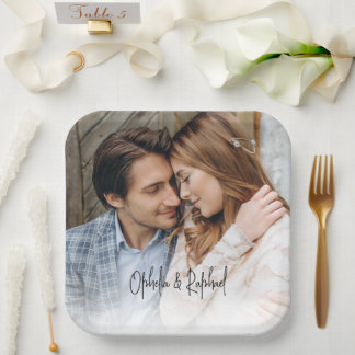 Elegant Script Names Photo Overlay Wedding Paper Plate