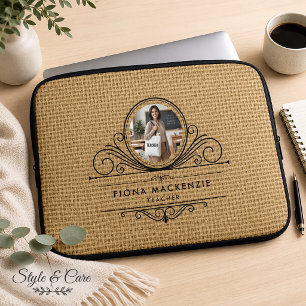 Elegant Script Natural Jute Texture Laptop Sleeve