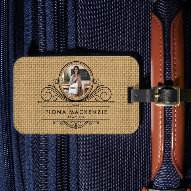 Elegant Script Natural Jute Texture Luggage Tag (Front Insitu 4)