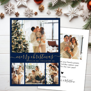 Elegant Script Navy 4 Photo Collage Christmas Holiday Card