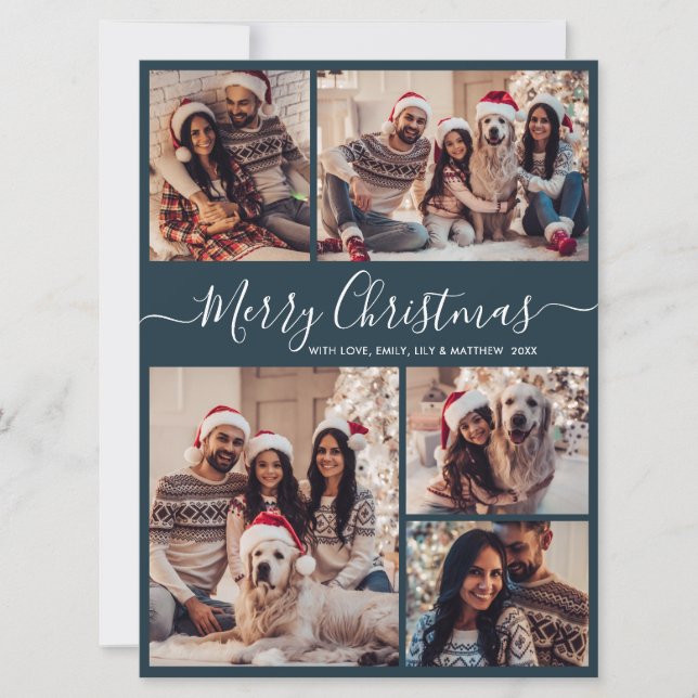 Elegant Script Navy 5 Photo Collage Christmas Holiday Card (Front)